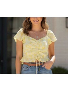 Abound Yellow Floral Smocked Blouse With Puff Sleeves/Sz. XL